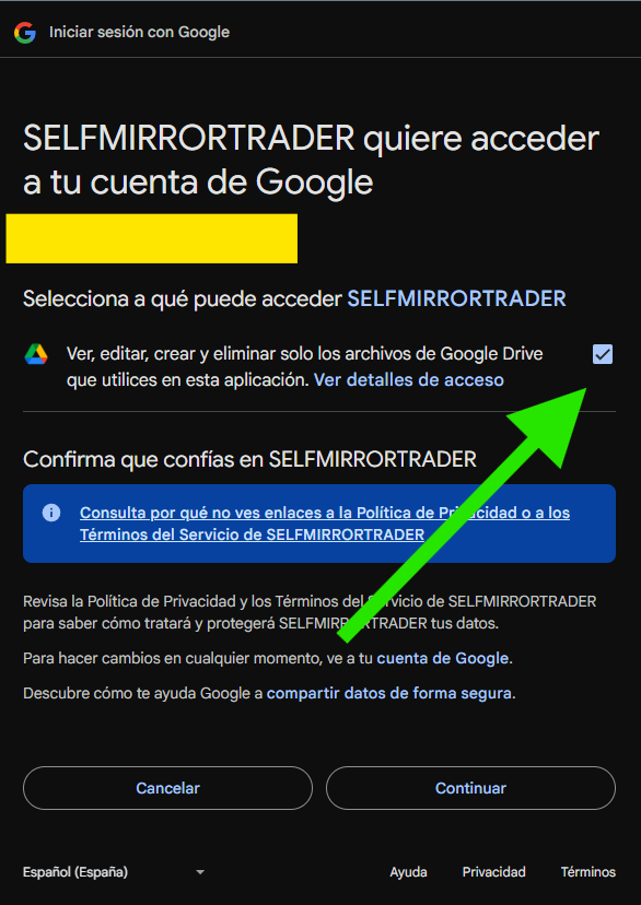 Marca el permiso de Google Drive